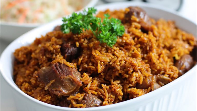 jollof rice served with gizzard